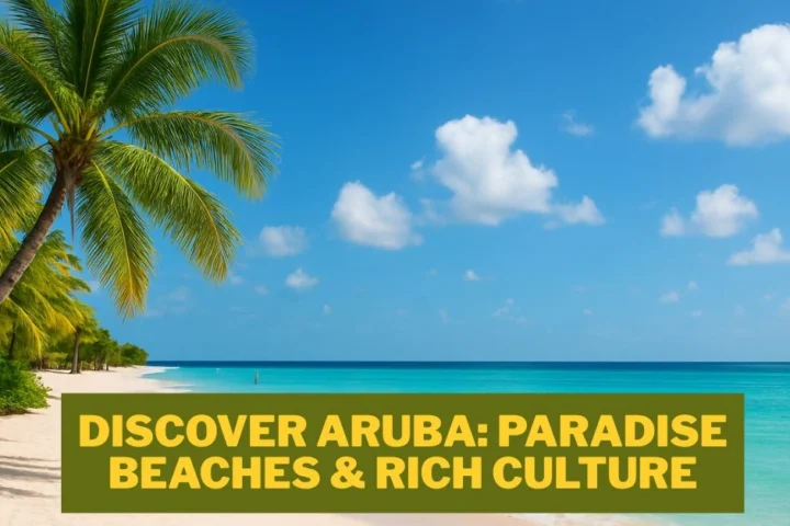 Sunny tropical beach in Aruba with white sand, turquoise waters, and palm trees under a bright blue sky.