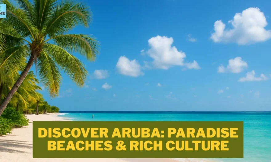 Sunny tropical beach in Aruba with white sand, turquoise waters, and palm trees under a bright blue sky.